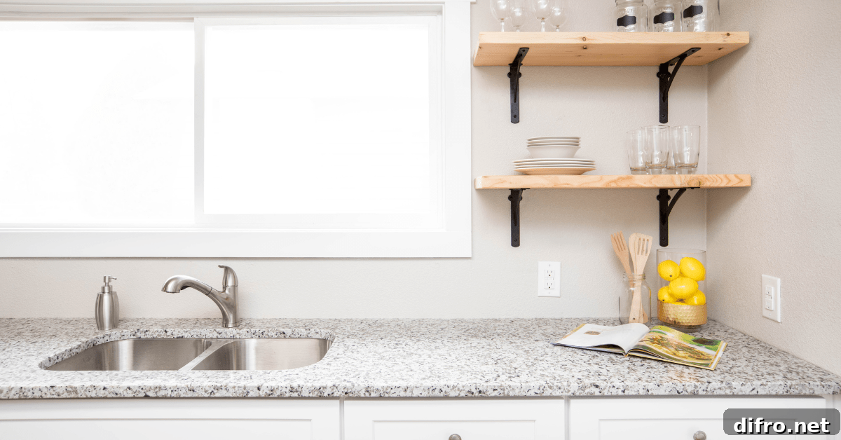 Kitchen with floating shelves.