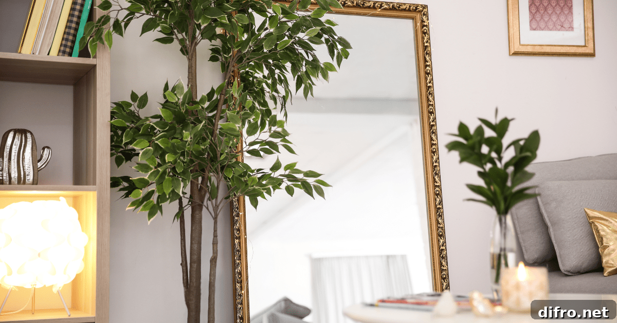 Mirror and a plant in a living room corner.