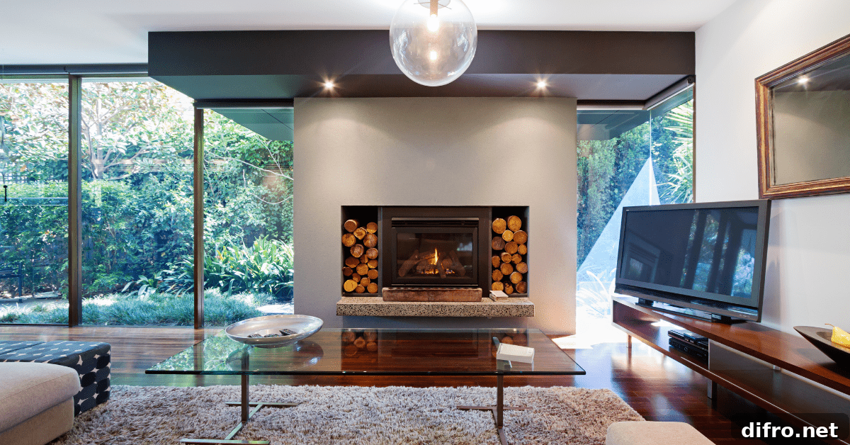 A wall built-in fireplace with wood logs surrounding it.