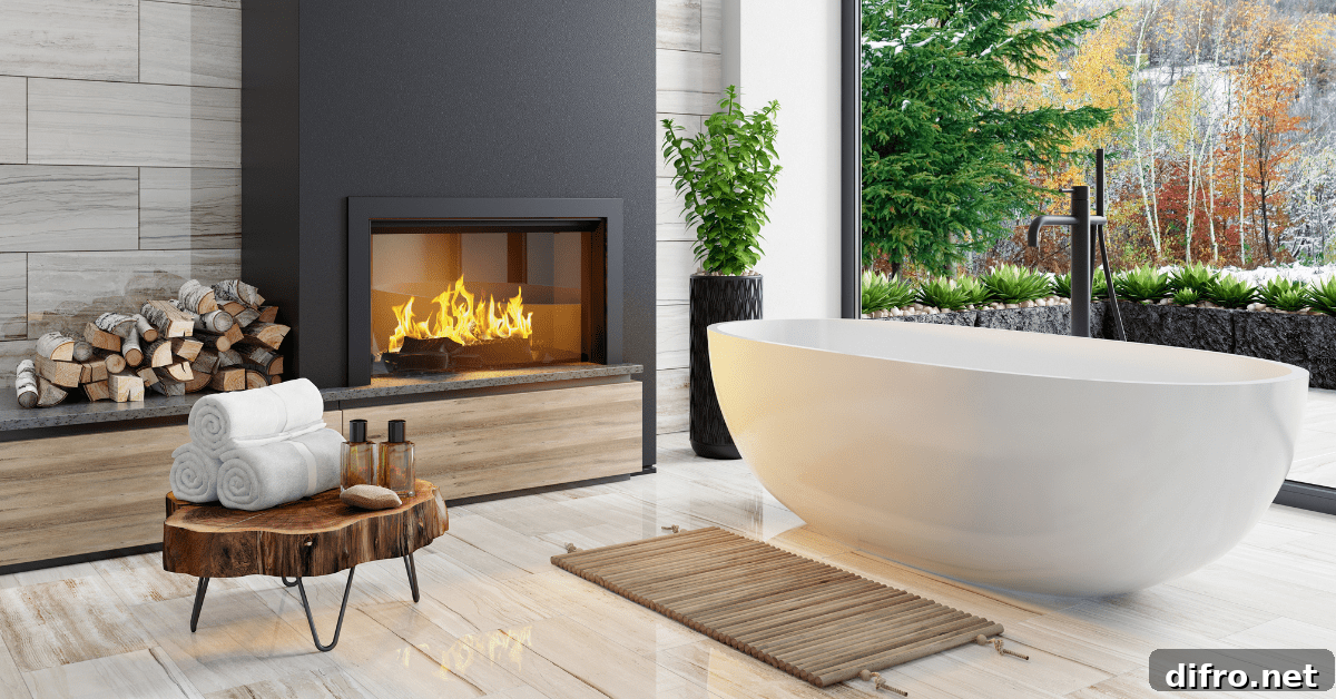 Black fireplace in a bathroom.