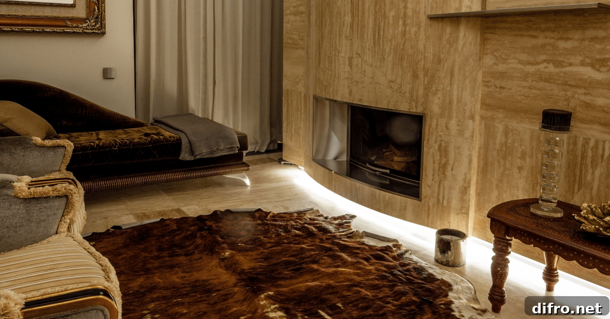 Fireplace with LED lighting underneath.