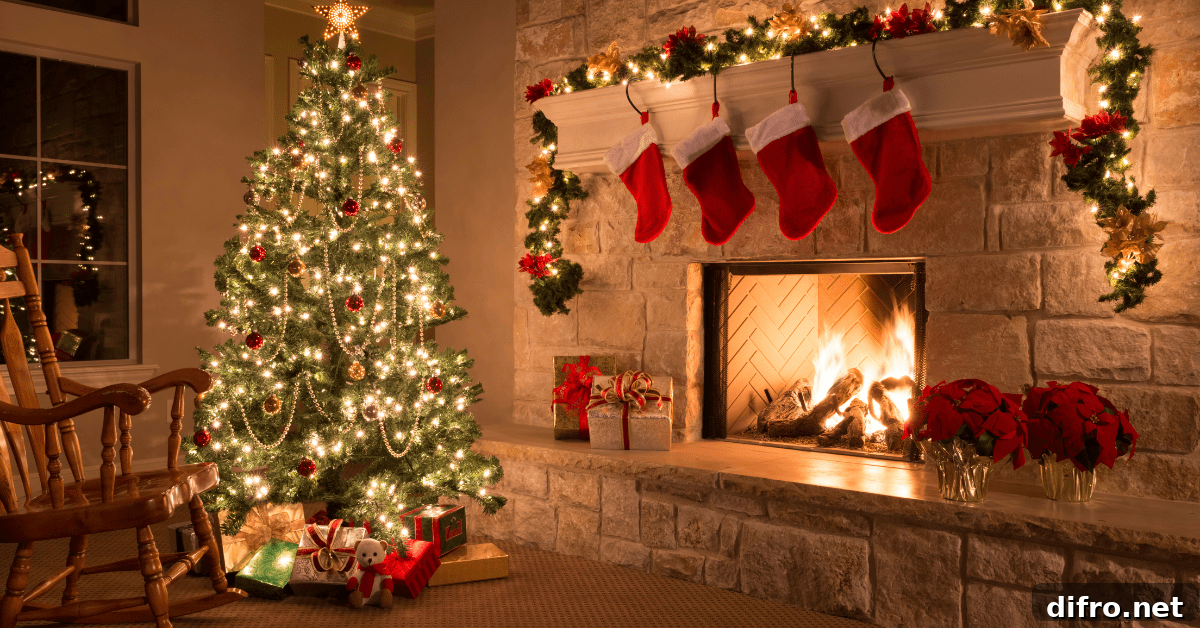 Christmas decorations around the mantel of a fireplace.