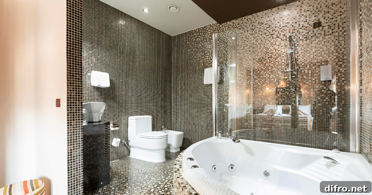 Mosaic tile in a bathroom with brown color.