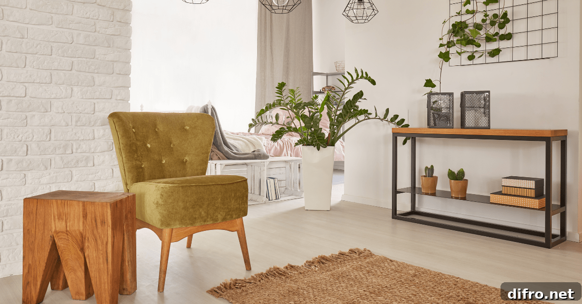 Cozy living room with wooden chair.