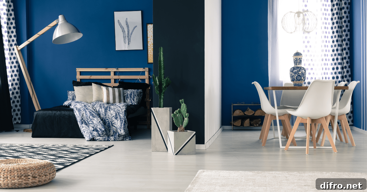 Bold blue living space with DIY bedframe.