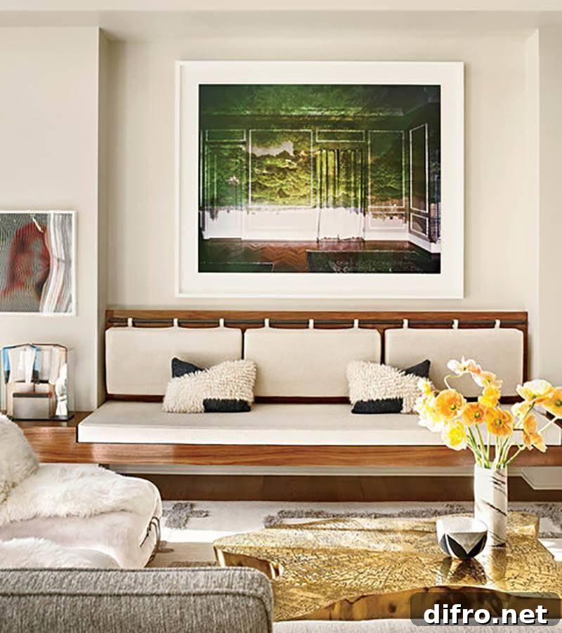 Built-in floating sofa in a living room.