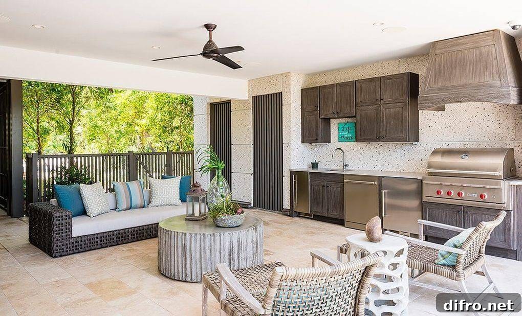 Outdoor living room with whicker furniture.