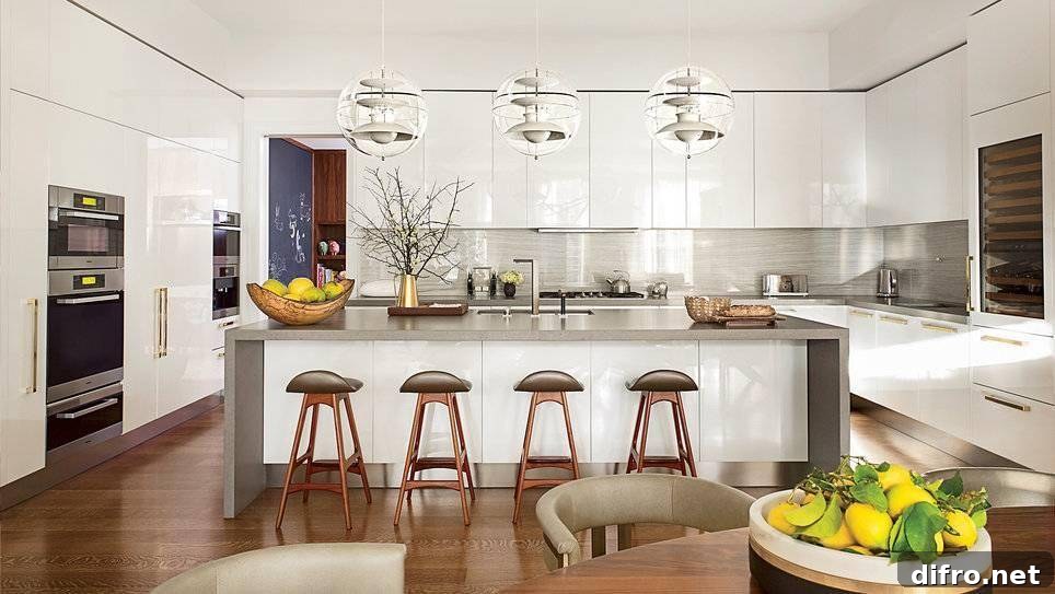Modern kitchen with wooden stools.
