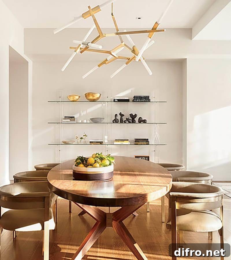 Modern dining room with wooden table and chairs.