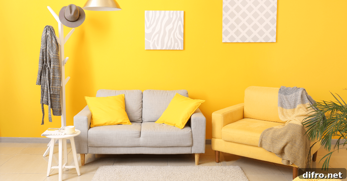 Yellow furniture in a living room.
