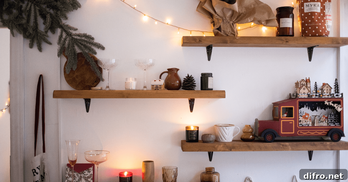 Floating shelves with various items.