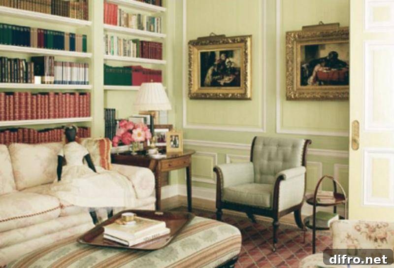 A view of Oprah's reading room features a couch, chair, and shelves full of books.