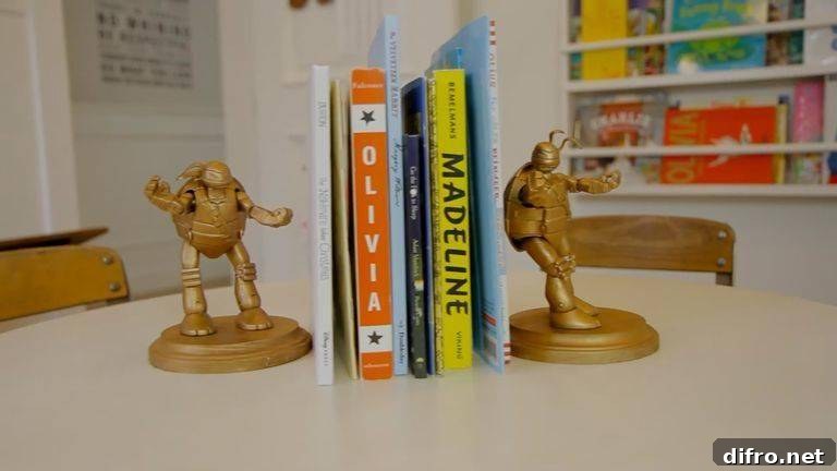 Painted ninja turtle toys to be bookends.