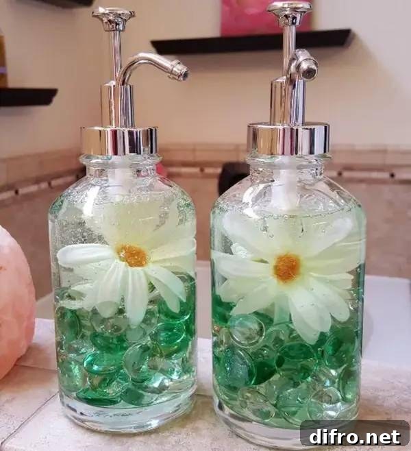 Soap dispenser full of flowers.