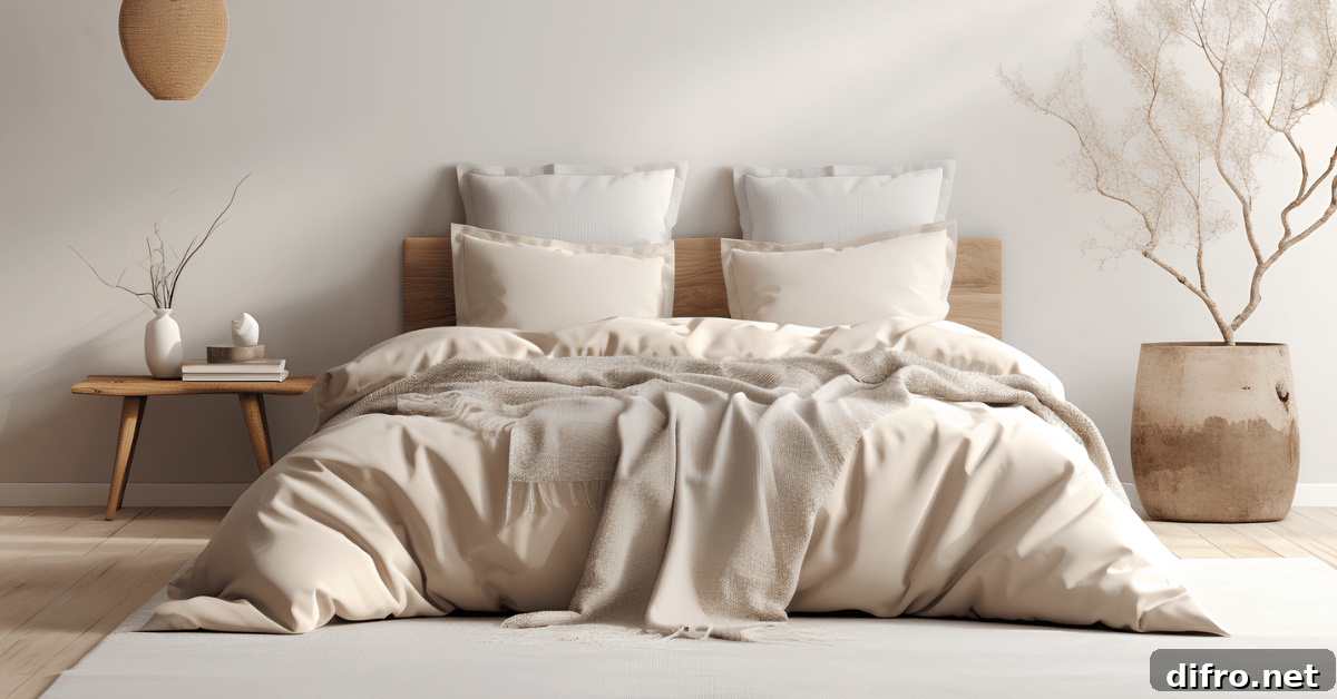 Scandinavian bedroom with large bed.