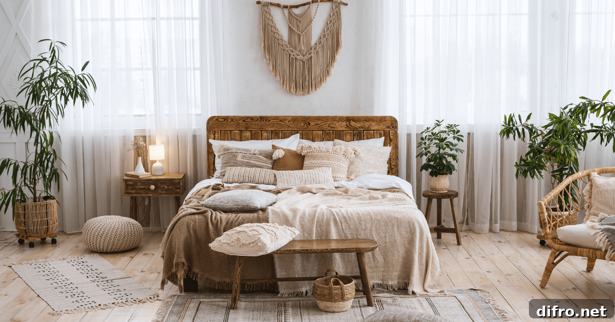 Bed with art above it in a bohemian style.