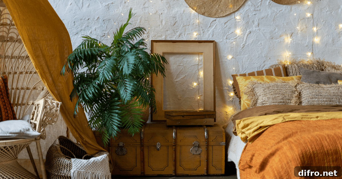 Bohemian-styled bedroom with hanging lights.