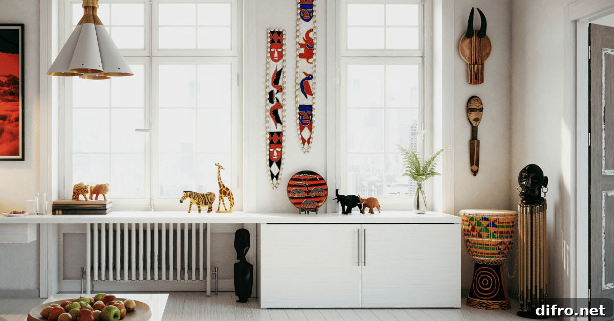 Scandifornian-styled room with travel souvenirs.