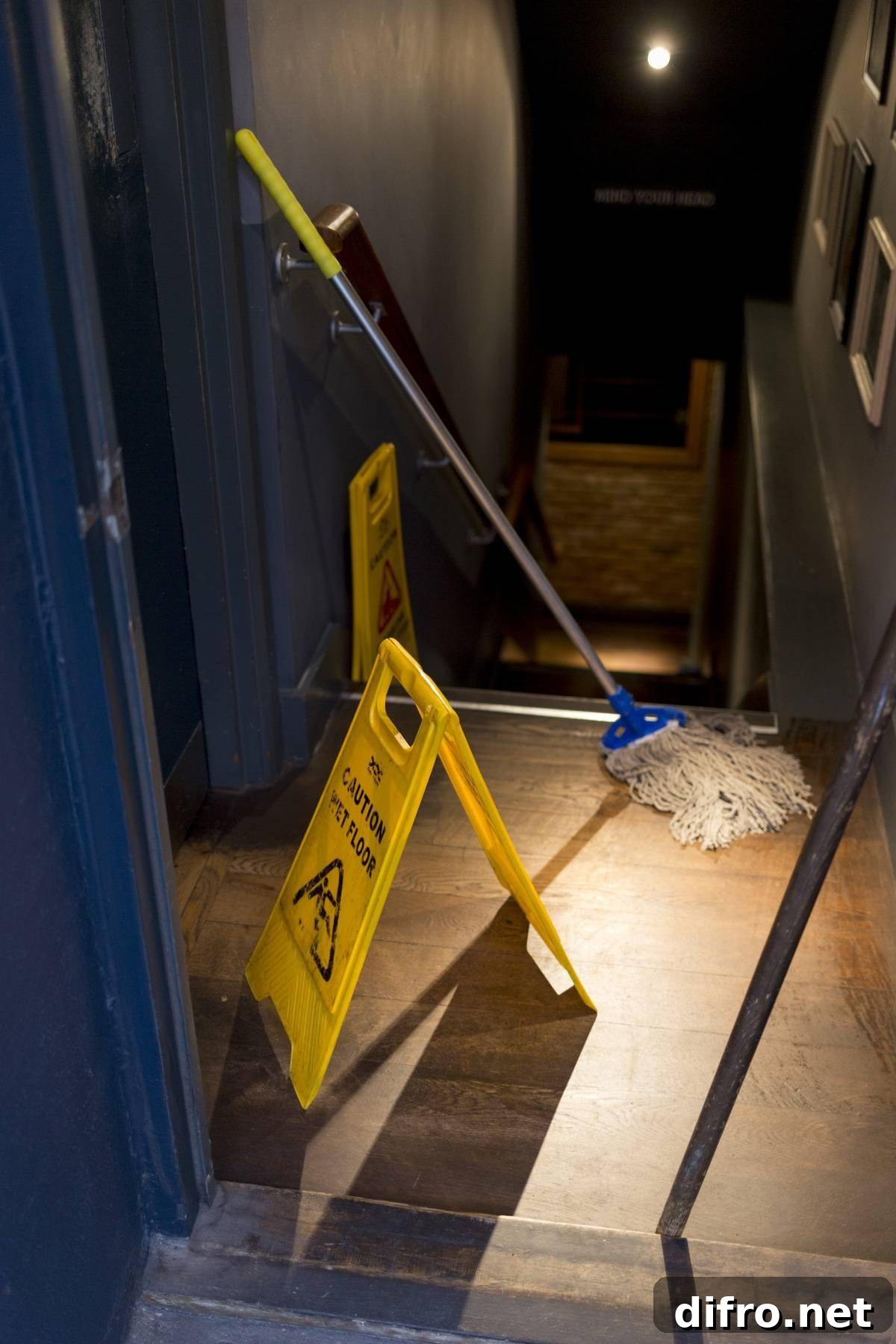 A string mop leans against a wall.