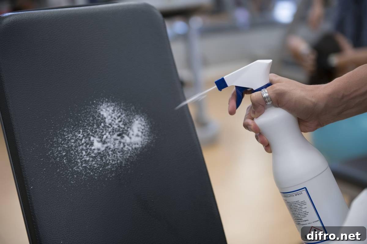 A man sprays a gym tool with a disinfectant.