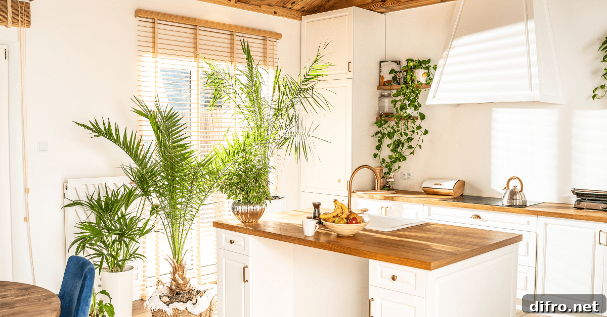Green plants in a kitchen.