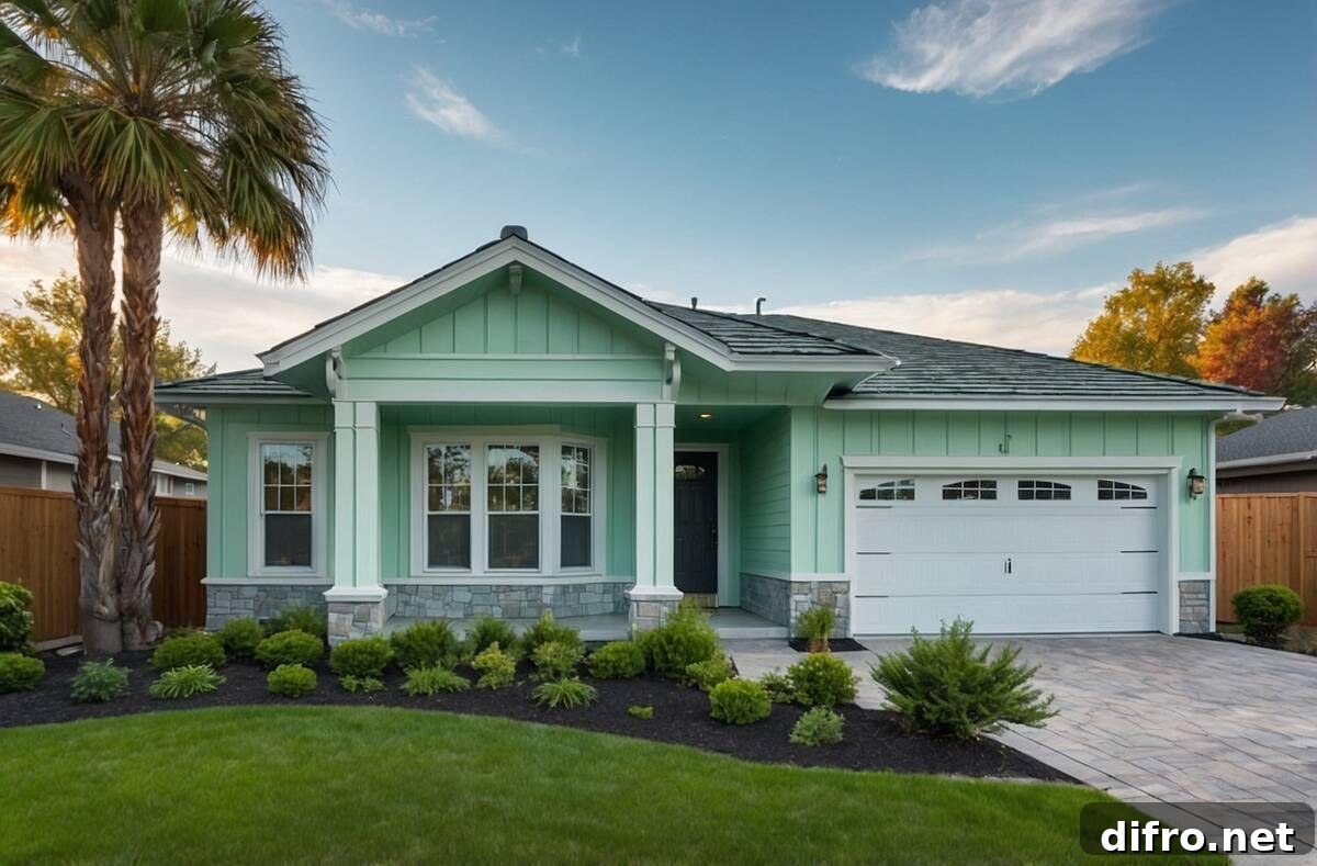 Mint green exterior of a house with white garage door.