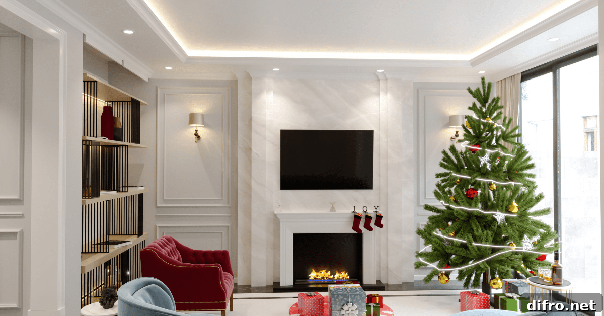 A luxurious living room with a Christmas tree.