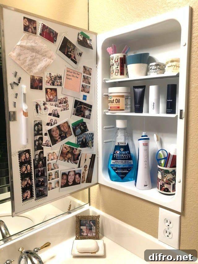 medicine cabinet decorated with photos