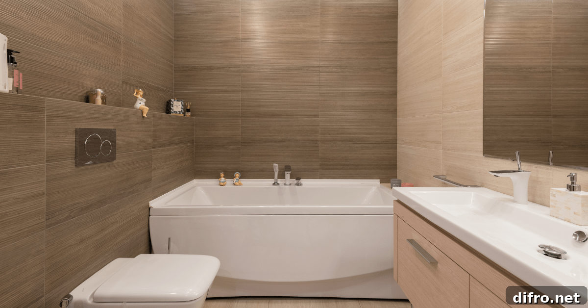 Modern bathroom with white tub.