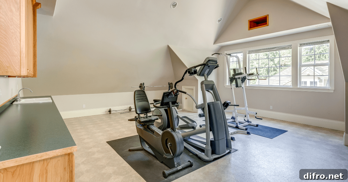 Exercise equipment in a home gym attic.