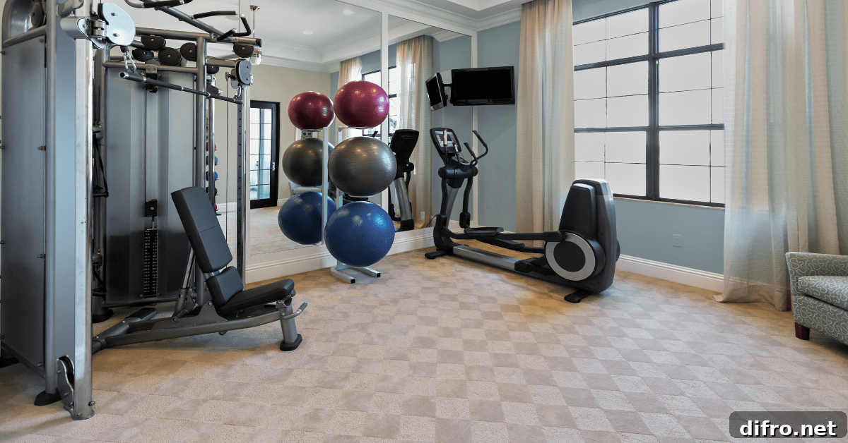 Home gym with assortment of equipment.