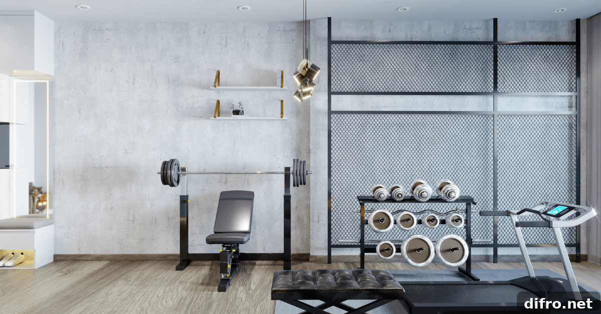 Modern home gym with weight racks.