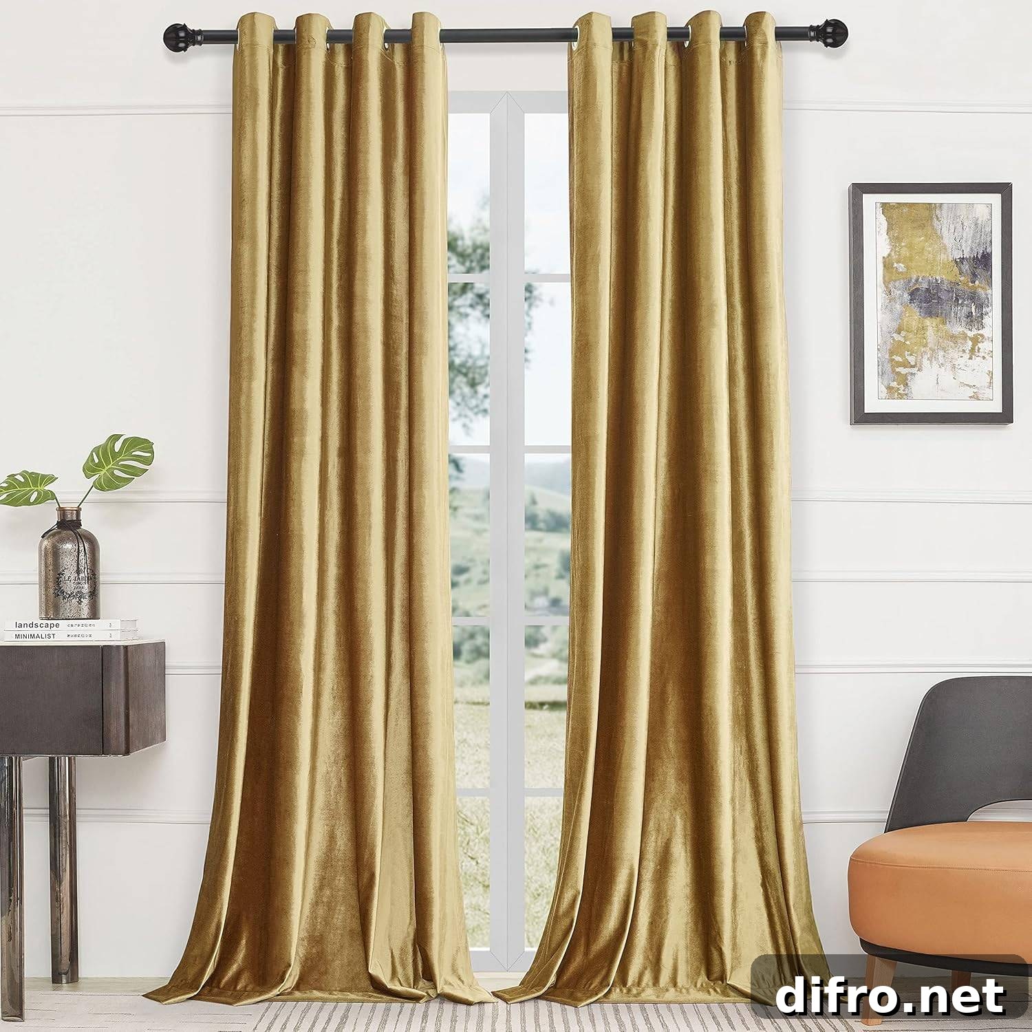 Gold velvet curtains hanging in a room