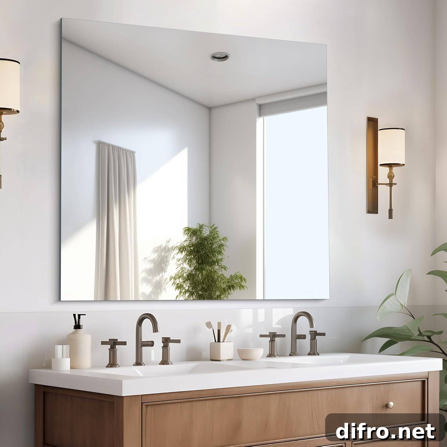 Minimal frameless wall mirror in a bathroom