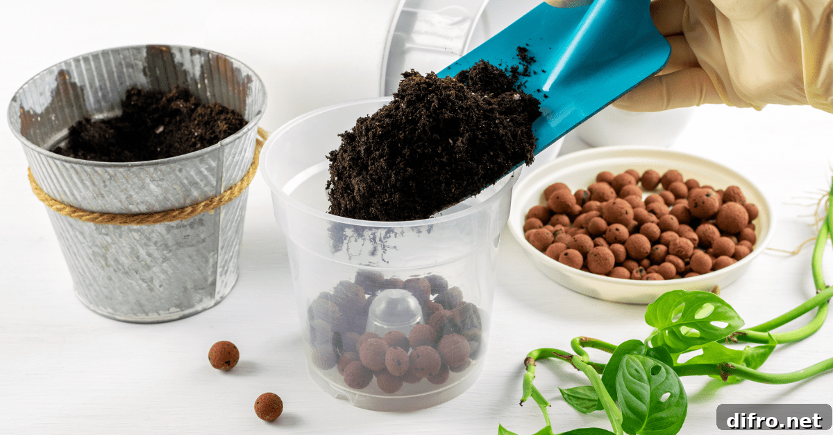 Adding soil to a container for a plant.