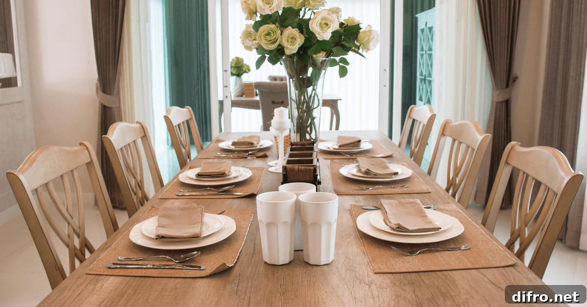 Dining room table with dishware.