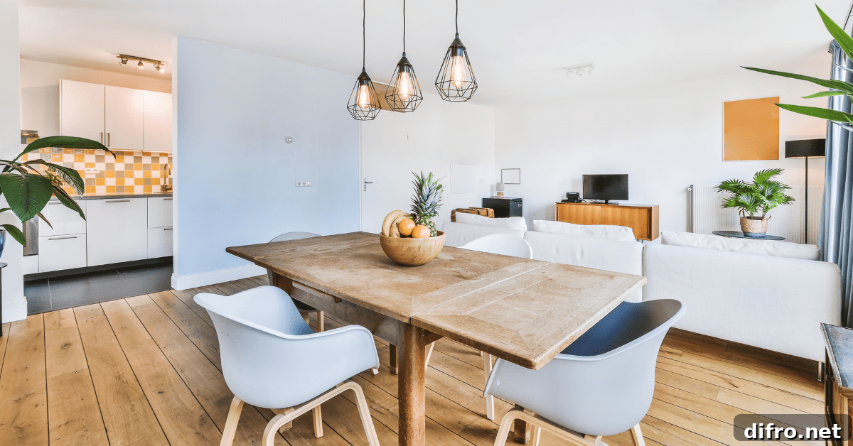 A wooden dining room table with sleek grey chairs.