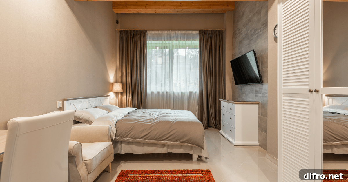 Bedroom with a bed against a window.