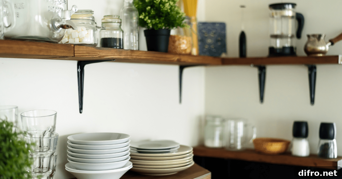 Open shelving in a kitchen.