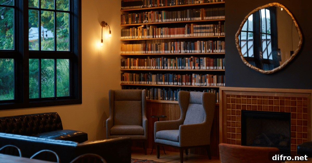 Reading room with a large bookshelf.