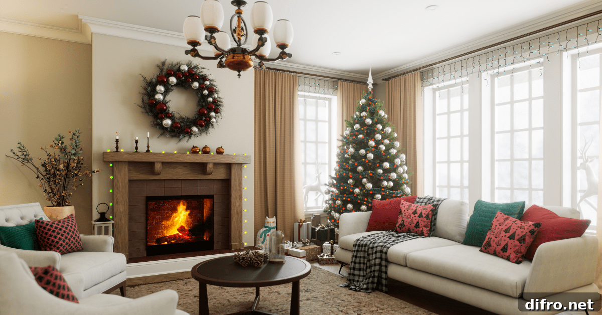 Christmas decorated living room with a tree and fireplace.