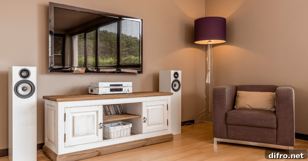 A wall-mounted TV and corner sitting chair, flanked by a room light.