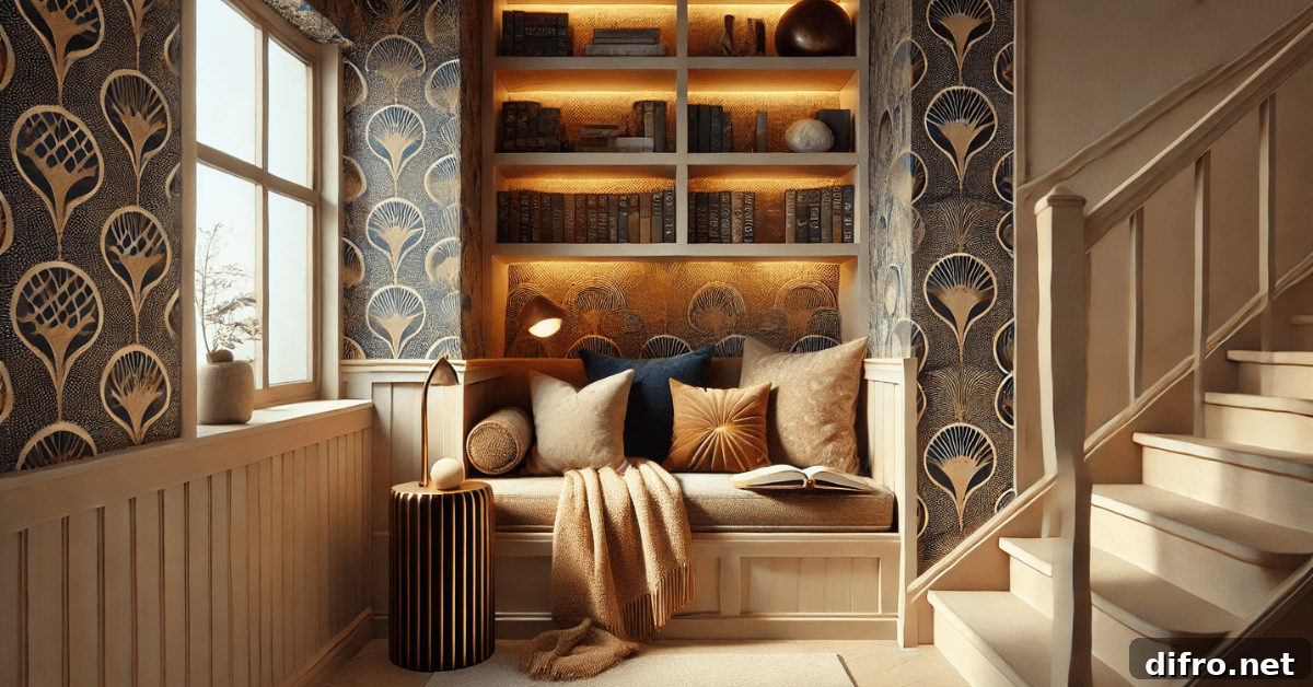 Reading nook in a staircase landing.