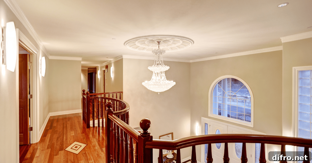 Large chandelier in a staircase.