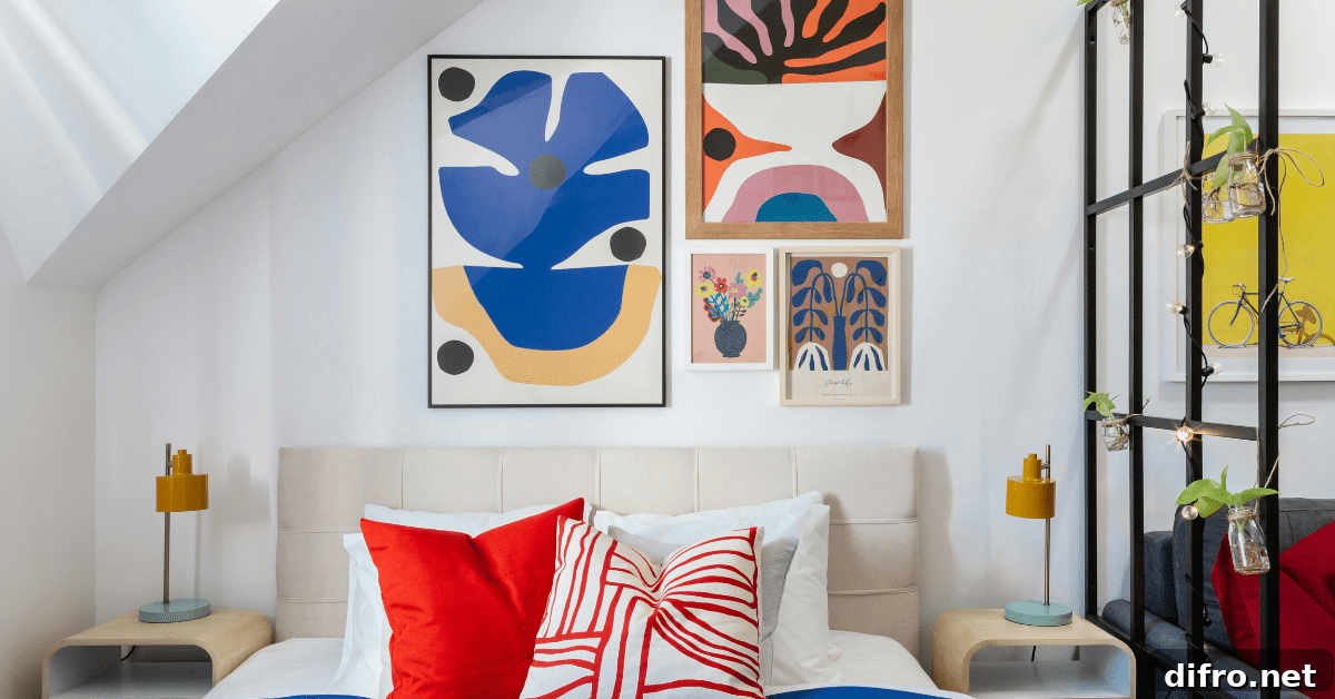 Bedroom with art on the wall