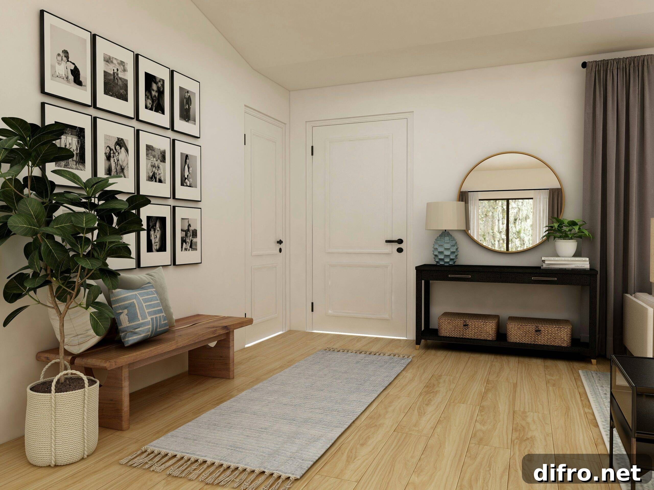 front entryway with long narrow rug, bench seating, gallery wall and mirror