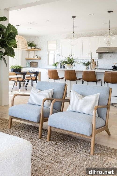 coastal style living room with jute chairs and light blue accents