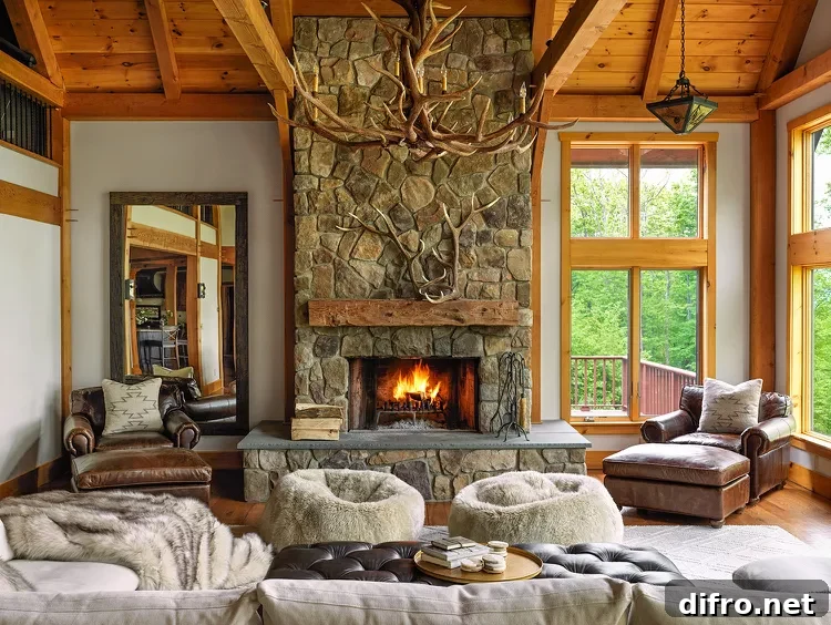 rustic living room featuring stone fireplace, fuzzy chairs and mounted antlers