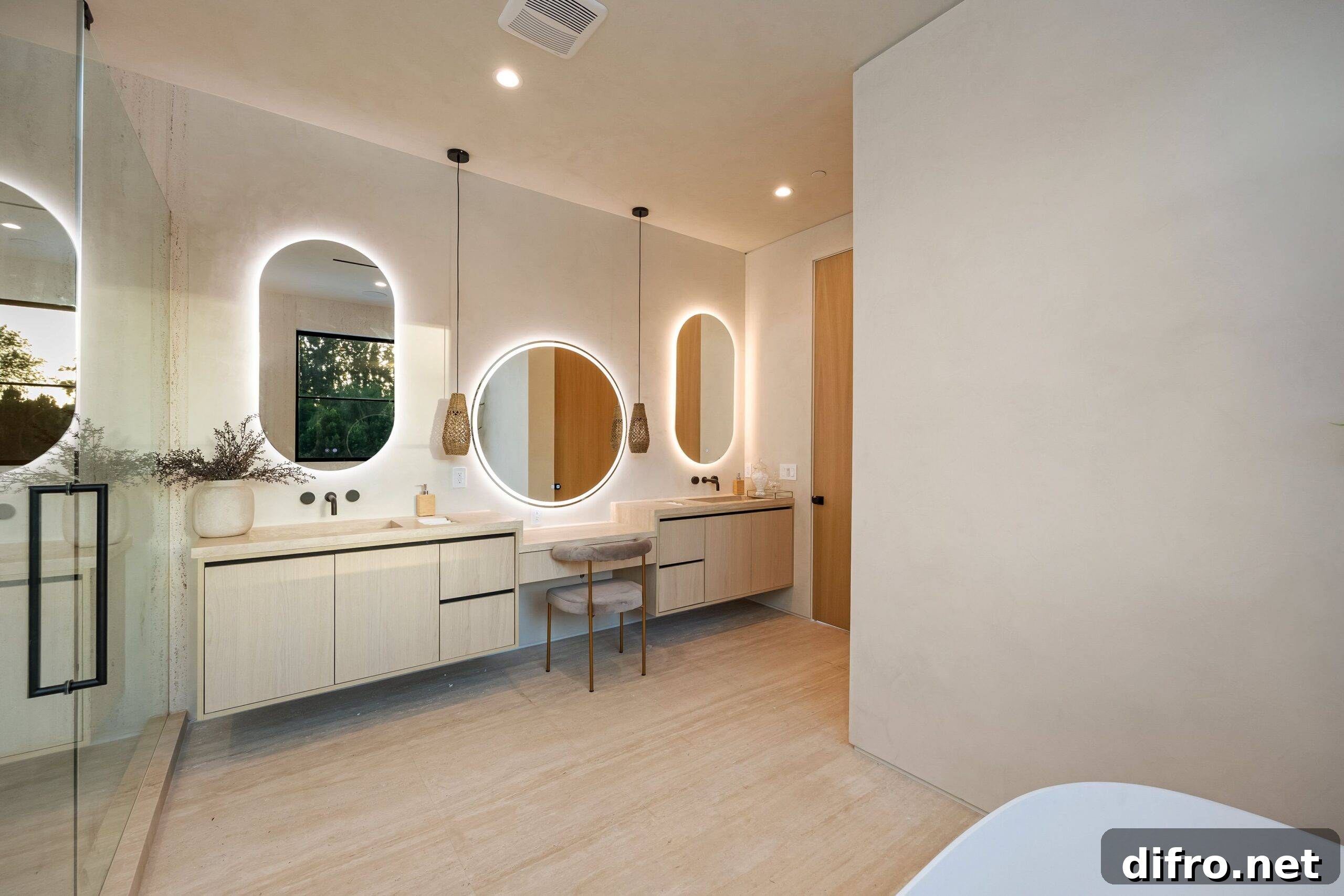 Bathroom vanity with three mirrors with backlighting.