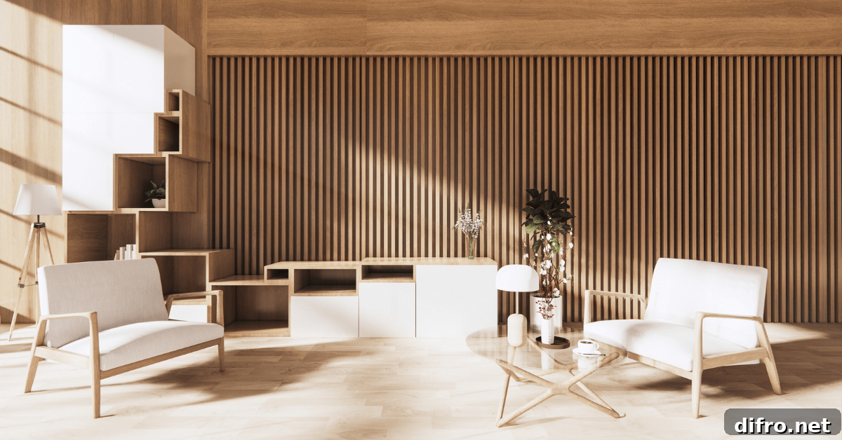 Modern living room with wooden wall accents.